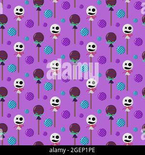 Pattern with lollipops for the holiday halloween. Sweet candy on a purple background.  Stock Vector