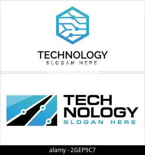 Technology logo with shape hexagon square dot line circuit vector Stock Vector