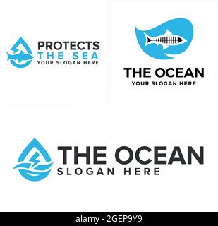 Design logo ocean and fish illustration vector Stock Vector