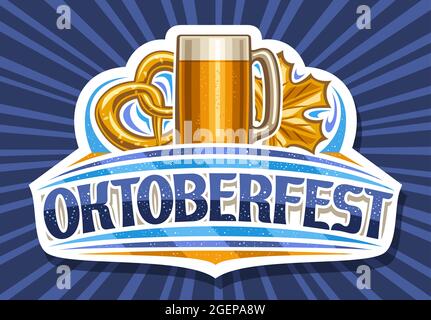 Vector logo for Oktoberfest, cut paper sign board with full cartoon beer mug with light beer, illustration of salted pretzel, unique lettering for wor Stock Vector