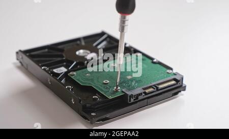 Unrecognizable master disassembles a hard drive with a screwdriver Stock Photo