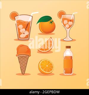 orange juice and orange ice cream vector bundle with 7 different item Stock Vector