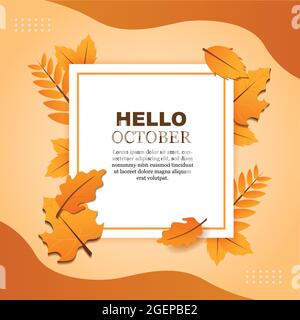 hello october vector illustration with fall autumn leaves Stock Vector