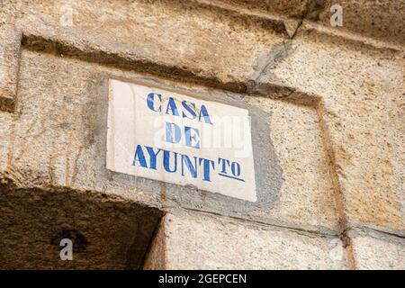 Ponferrada, Spain. Detail of the Casa Consistorial or Ayuntamiento (Town Hall). Plaque at the entrance Stock Photo