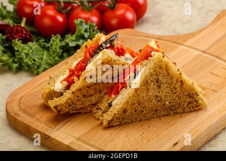 Vegetarian Club sandwich with eggplant and cheese Stock Photo