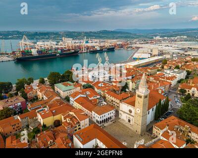 Aerial View of Koper Town in Slovenia and Koper Port. Stock Photo