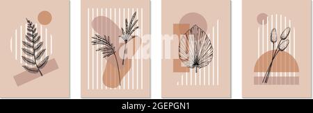 Set of contemporary modern designs with geometric shapes and hand drawn plant element. Design for poster, card, cover, print. Stock Vector