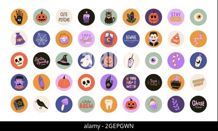 Halloween stickers set with cute elements and lettering in trendy doodle style. Hand drawn Halloween symbols for season decorations. Stock Vector