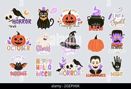 Collection of cute Halloween typography prints. Spooky decoration elements. Hand drawn Halloween symbols and lettering. Vector holiday illustration. Stock Vector