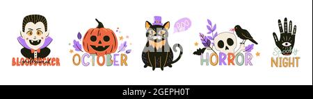 Collection of cute Halloween typography prints. Decorative hand drawn elements and lettering in trendy doodle style. Vector illustration. Stock Vector