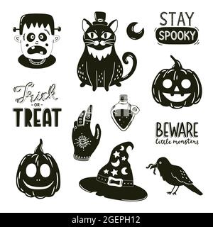 Black and white print with Halloween elements. Spooky decorative elements and typography. Vector hand drawn illustrations and lettering. Stock Vector