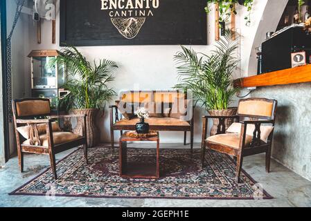 Beautiful retro vintage style traditional cafe or restaurant in Tulum Stock Photo