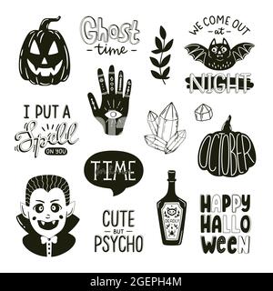 Black and white print with Halloween elements. Spooky decorative elements and typography. Vector hand drawn illustrations and lettering. Stock Vector
