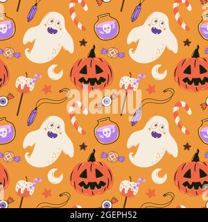 Halloween seamless pattern with adorable ghost, pumpkin, sweets and amethyst pendant. Cute spooky vector illustration. Stock Vector