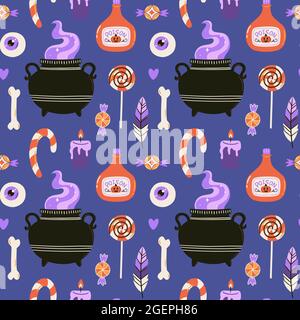 Halloween seamless pattern with witches brew, bottle of poison and sweets. Cute spooky vector illustration. Trick or treat holiday background. Stock Vector