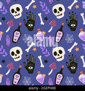 Halloween seamless pattern with esoteric hand symbol, skull, bottle of poison and crystals. Cute spooky vector illustration. Stock Vector