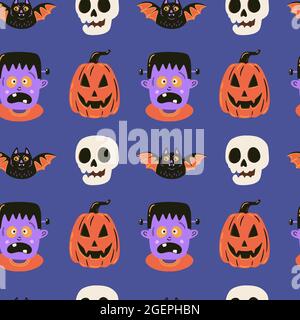 Halloween seamless pattern with cute monster, skull, bat and pumpkin. Vector illustration. Trick or treat holiday background. Hand drawn texture. Stock Vector