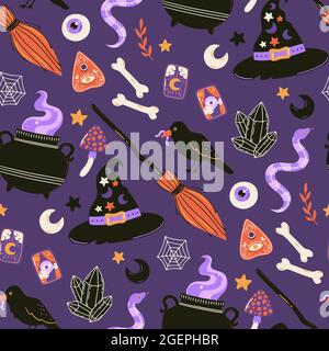 Halloween seamless pattern with cute esoteric elements. Spooky vector illustration. Trick or treat holiday background. Hand drawn endless texture. Stock Vector