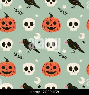 Halloween seamless pattern with ravens, skulls and pumpkin. Cute spooky vector illustration. Trick or treat holiday background. Hand drawn texture. Stock Vector