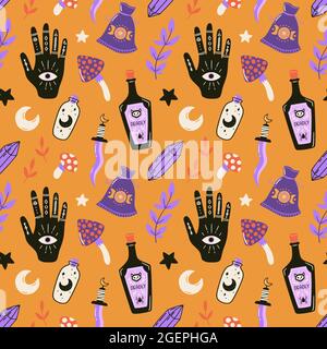 Halloween seamless pattern with esoteric elements and symbols. Cute spooky vector illustration. Trick or treat holiday background. Hand drawn texture. Stock Vector