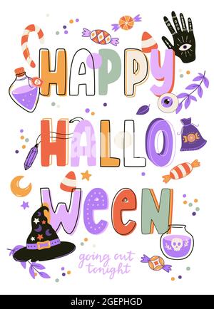 Colorful Halloween print with cartoon elements and lettering. Hand drawn illustration for party decorations, poster design. Vector esoteric symbols. Stock Vector