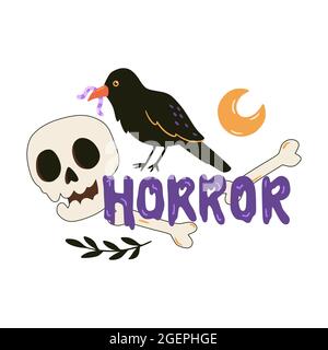 Halloween print with raven, skull and bones. Vector hand drawn illustration and lettering. Halloween poster, banner, party decorations design. Stock Vector