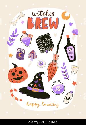 Cute Halloween print with cartoon elements and lettering. Witches brew. Hand drawn illustration for holiday decorations, poster design. Vector. Stock Vector