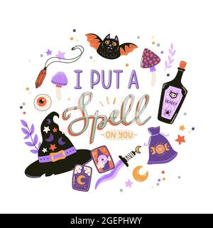 Halloween print with cartoon elements and lettering. Hand drawn illustration for party decorations, poster design. I put a spell on you. Vector. Stock Vector
