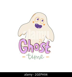 Halloween print with cute little ghost and lettering. Hand drawn vector illustration and typography. Halloween poster, banner, party decorations. Stock Vector