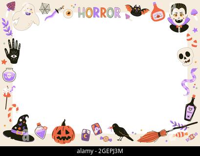 Halloween set with spooky characters, pumpkin and treats. Hand drawn illustrations and lettering in trendy doodle style. Vector elements. Stock Vector