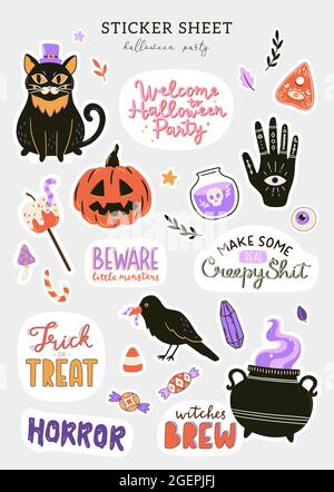 Collection of cute Halloween characters and symbols. Hand drawn design elements for holiday decorations. Halloween stickers set. Vector illustration. Stock Vector