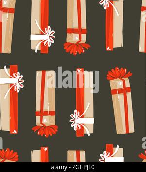Hand drawn vector abstract fun Merry Christmas time cartoon illustrations seamless pattern with cute retro vintage Christmas gifts isolated on black Stock Vector