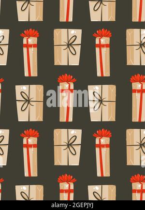 Hand drawn vector abstract fun Merry Christmas time cartoon illustrations seamless pattern with cute retro vintage Christmas gifts isolated on black Stock Vector