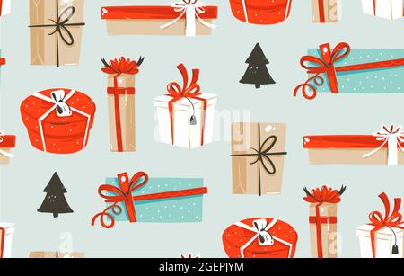 Hand drawn vector abstract fun Merry Christmas time cartoon illustrations seamless pattern with cute retro vintage Christmas gifts boxes isolated on Stock Vector