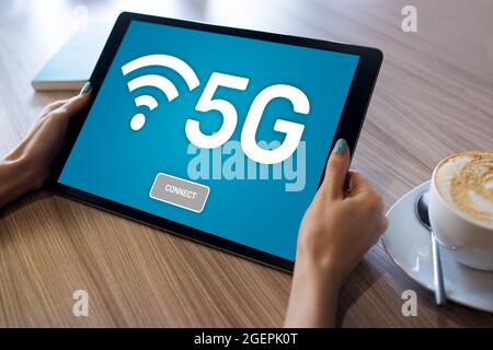 5g Fast mobile internet connection, Ne generation communication and modern technology concept. Stock Photo