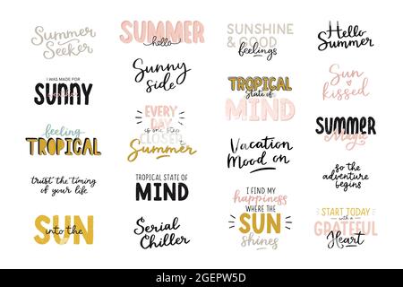 Beautiful tropical illustration with trendy lettering. Cute hand drawn summer prints. Perfect for stickers, labels, banner, tags. Vector. Stock Vector