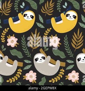 Tropical seamless pattern with cute sloth, exotic leaves and branches. Beautiful summer background. Hand drawn vector illustration. Stock Vector
