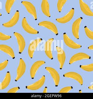 Tropical seamless pattern with bananas on blue background. Hand drawn vector illustration. Summer endless texture for wrapping, textile, fabric design. Stock Vector