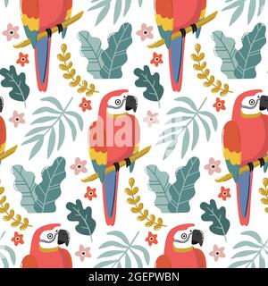 Tropical seamless pattern with exotic birds, branches and leaves. Beautiful summer background. Hand drawn vector illustration. Stock Vector