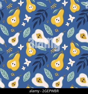 Tropical seamless pattern with pears, exotic flowers and leaves. Hand drawn vector illustration. Summer endless texture for wrapping, fabric design. Stock Vector