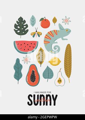 Tropical print with exotic fruits and plants. Trendy vector typography with elements. Hand drawn illustrations and lettering. Stock Vector