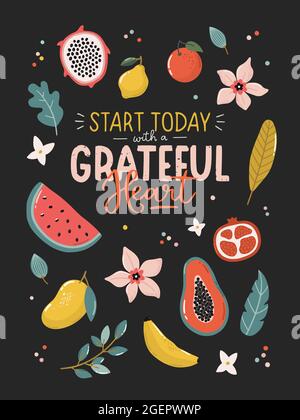 Beautiful tropical print with exotic fruits and plants. Lovely vector typography with elements. Hand drawn illustrations and lettering. Stock Vector