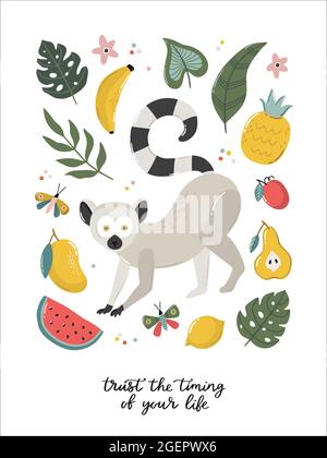 Beautiful typography print with cute lemur, exotic fruits and plants. Hand drawn vector illustrations and lettering. Perfect for summer decorations. Stock Vector