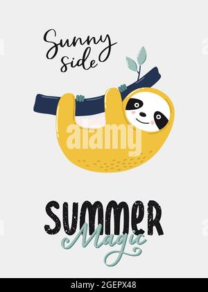 Beautiful tropical print with cute sloth. Lovely typography with elements. Hand drawn vector illustrations and lettering. Stock Vector