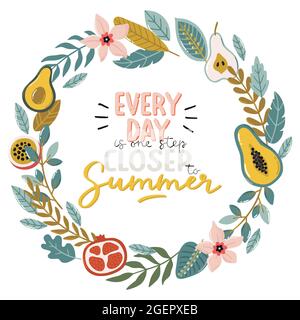 Beautiful tropical wreath with trendy typography and elements. Hand drawn vector illustrations and lettering. Perfect for summer decorations. Stock Vector