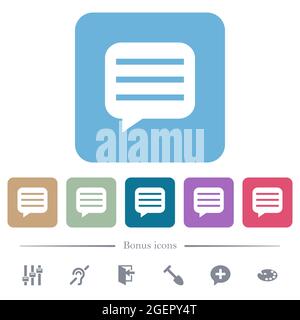 Message box with rows white flat icons on color rounded square backgrounds. 6 bonus icons included Stock Vector