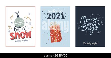 Christmas and Happy New Year greeting cards set with cute holiday elements. Vector hand drawn illustrations. Perfect for poster, banner, cards design. Stock Vector
