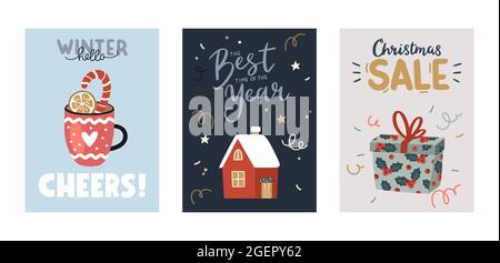 Christmas and Happy New Year greeting cards set with holiday elements. Hot drinks, candy cane, gift box, cozy little house. Vector illustration. Stock Vector