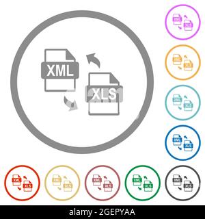 XML XLS file conversion flat color icons in round outlines on white background Stock Vector