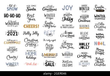 Christmas and Happy New Year lettering set. Hand drawn holiday quotes and phrases. Vector illustration for banners, posters, stickers, cards. Stock Vector